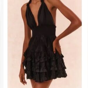 LoveShackFancy Black Ruffled Halter Mini Dress